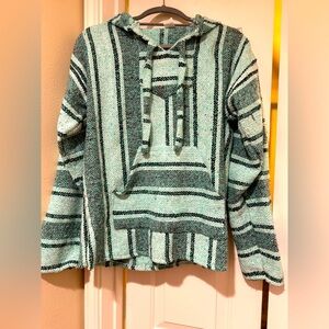 Molina Baha Mexican rug hooded turqouise striped sweatshirt 34/36 small unisex